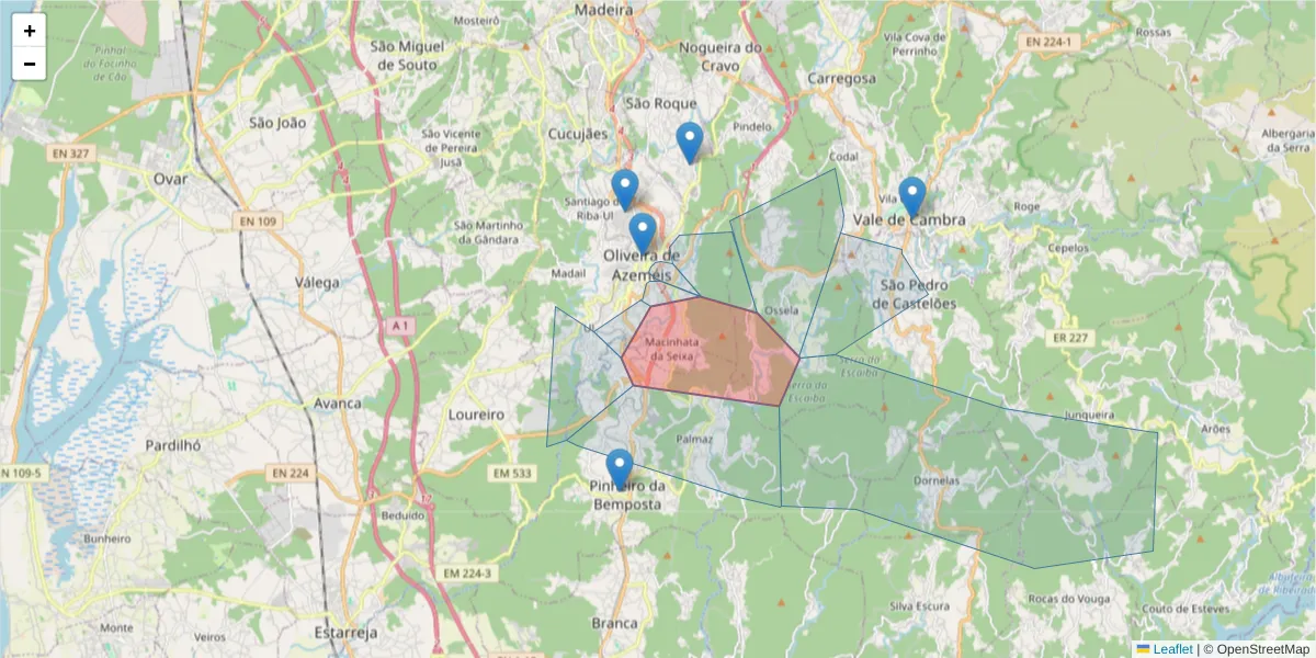 Mapa detalhado do código postal 3720-082 com limites, códigos postais vizinhos e agências dos correios