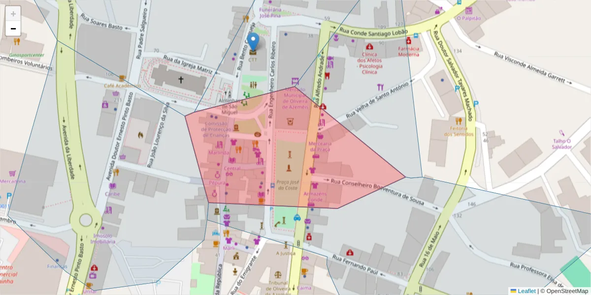 Mapa detalhado do código postal 3720-218 com limites, códigos postais vizinhos e agências dos correios