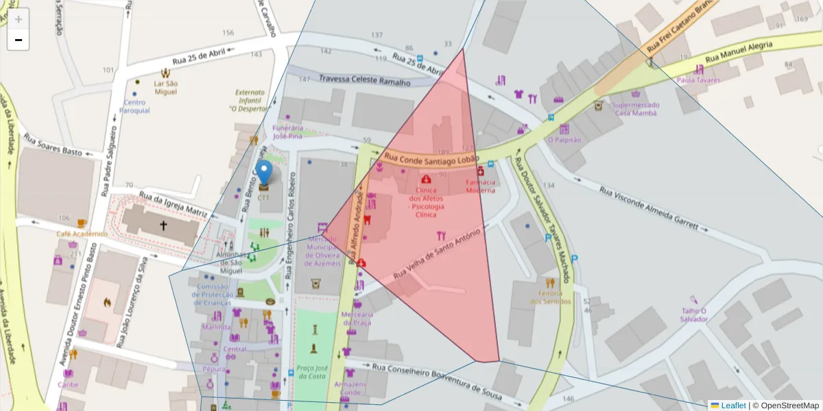 Mapa detalhado do código postal 3720-222 com limites, códigos postais vizinhos e agências dos correios