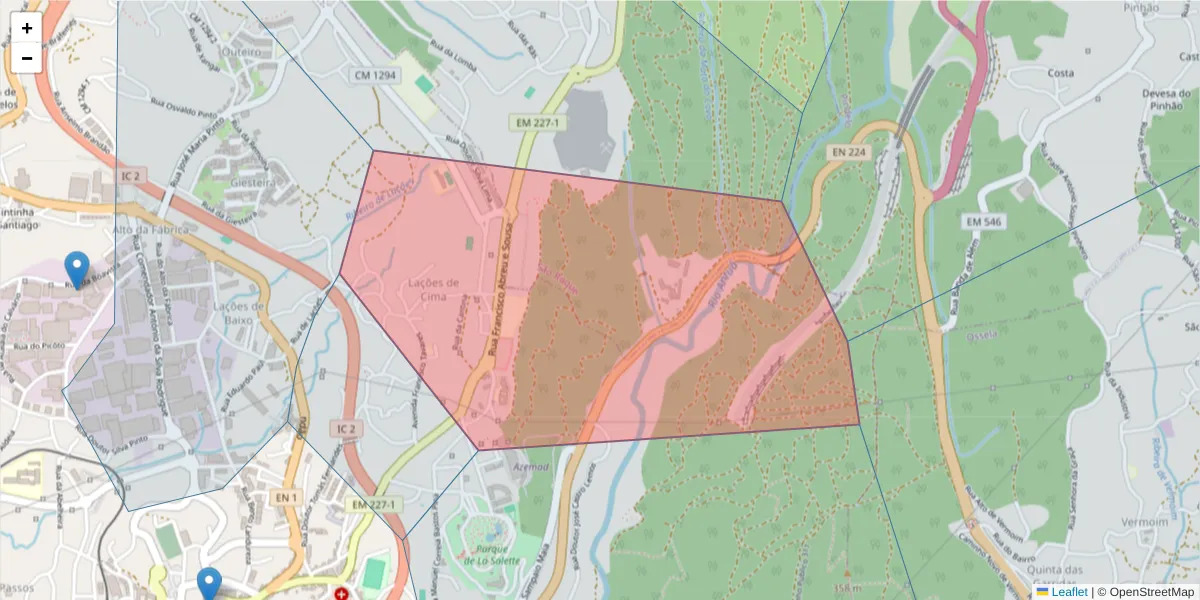 Mapa detalhado do código postal 3720-287 com limites, códigos postais vizinhos e agências dos correios