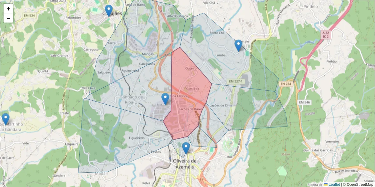 Mapa detalhado do código postal 3720-502 com limites, códigos postais vizinhos e agências dos correios