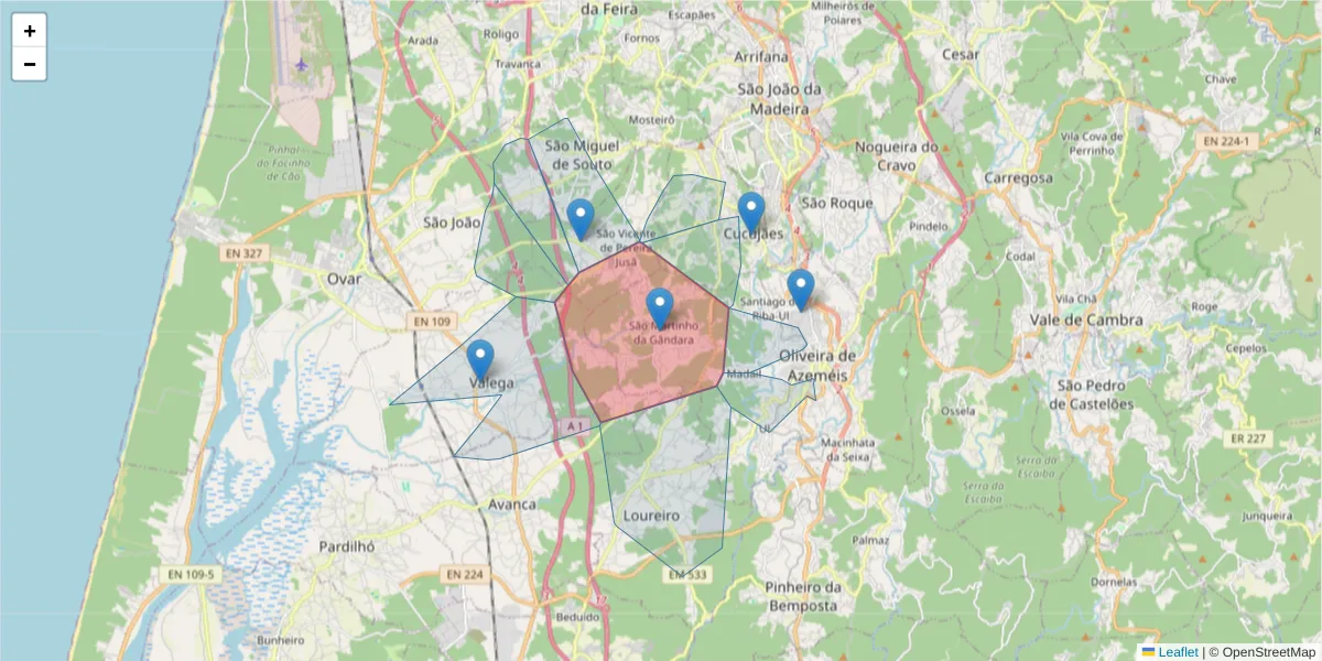 Mapa detalhado do código postal 3720-549 com limites, códigos postais vizinhos e agências dos correios