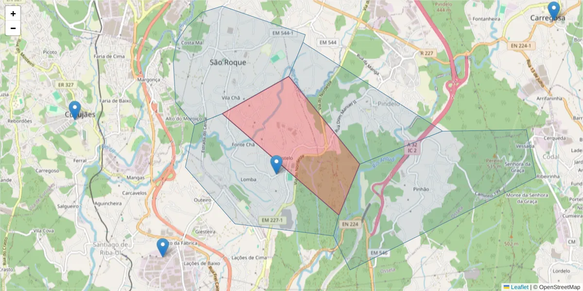 Mapa detalhado do código postal 3720-626 com limites, códigos postais vizinhos e agências dos correios