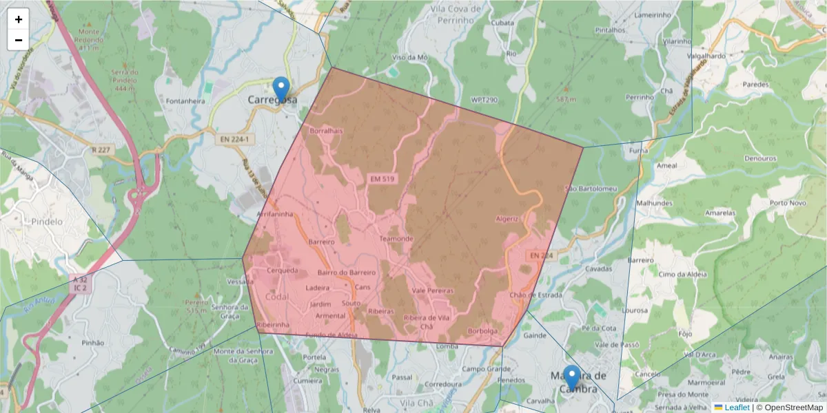 Mapa detalhado do código postal 3730-415 com limites, códigos postais vizinhos e agências dos correios
