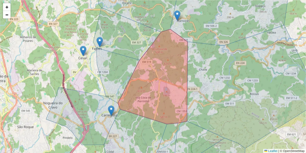 Mapa detalhado do código postal 3730-601 com limites, códigos postais vizinhos e agências dos correios