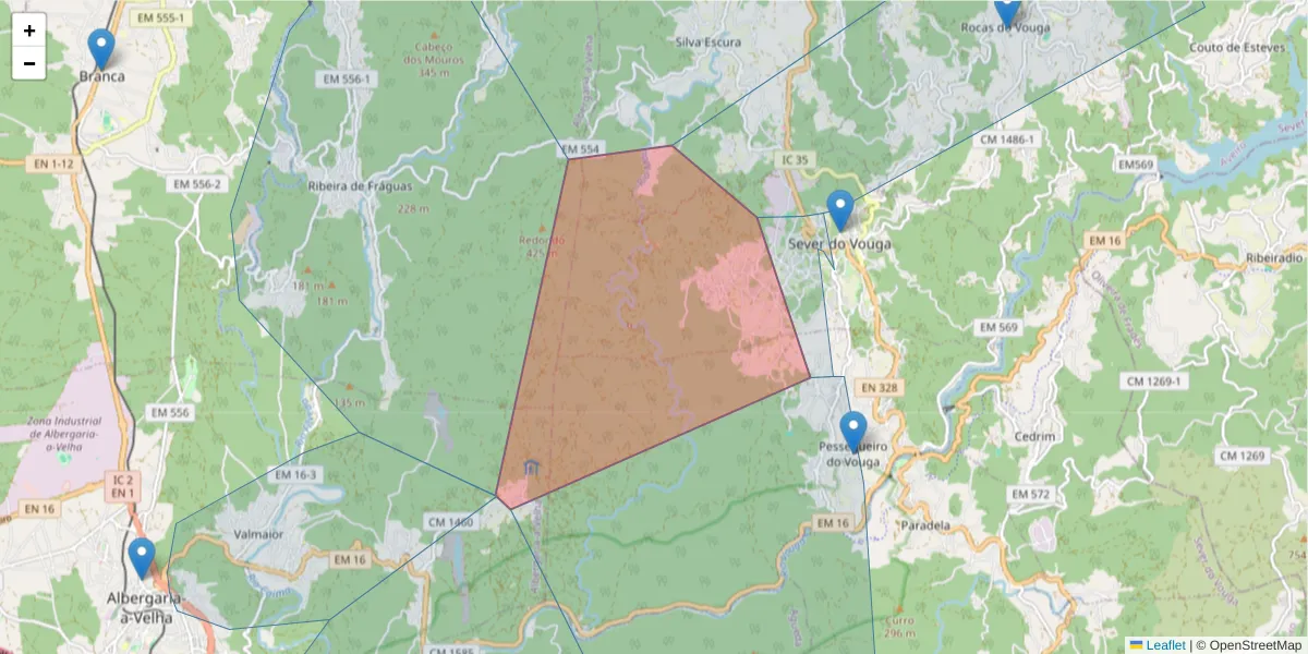 Mapa detalhado do código postal 3740-227 com limites, códigos postais vizinhos e agências dos correios