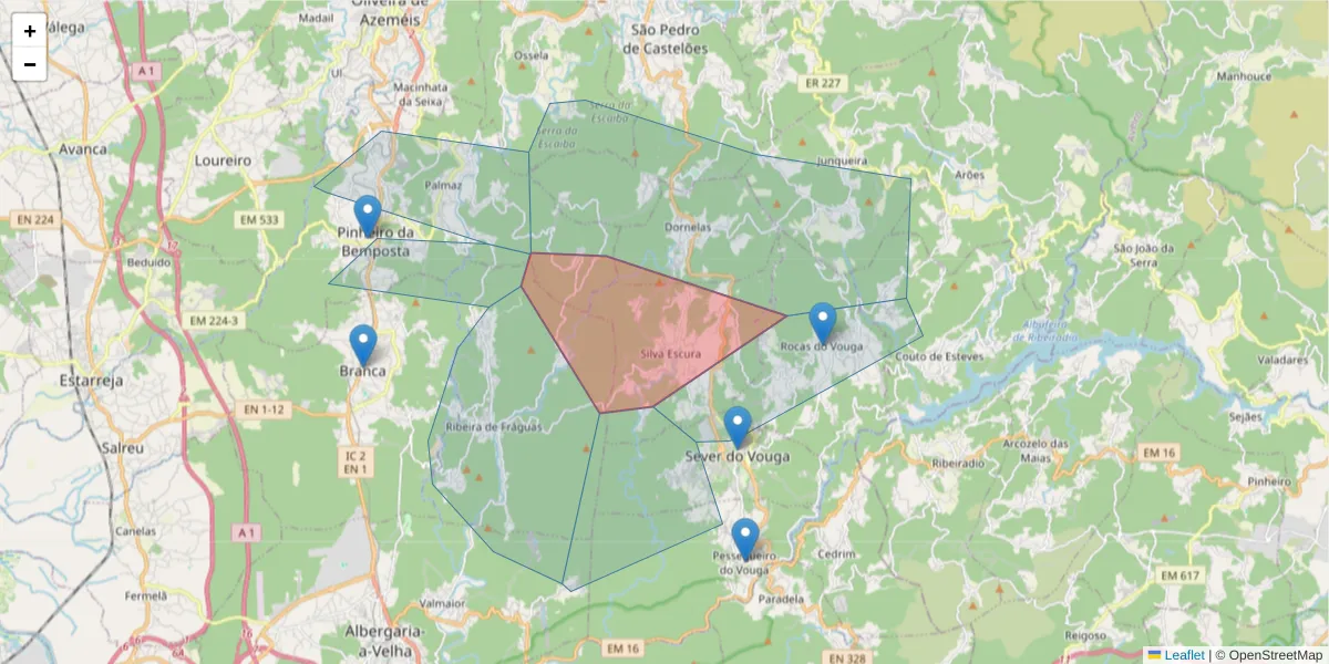 Mapa detalhado do código postal 3740-327 com limites, códigos postais vizinhos e agências dos correios