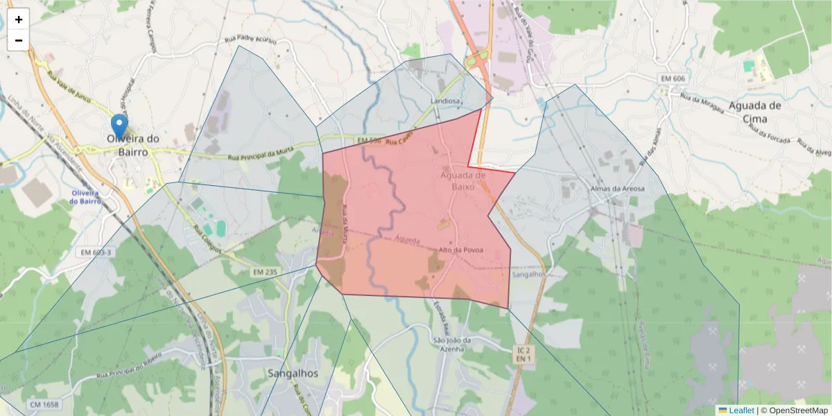 Mapa detalhado do código postal 3750-031 com limites, códigos postais vizinhos e agências dos correios