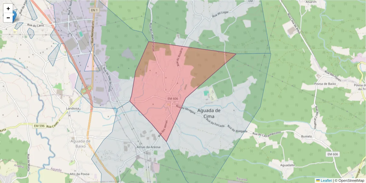 Mapa detalhado do código postal 3750-041 com limites, códigos postais vizinhos e agências dos correios