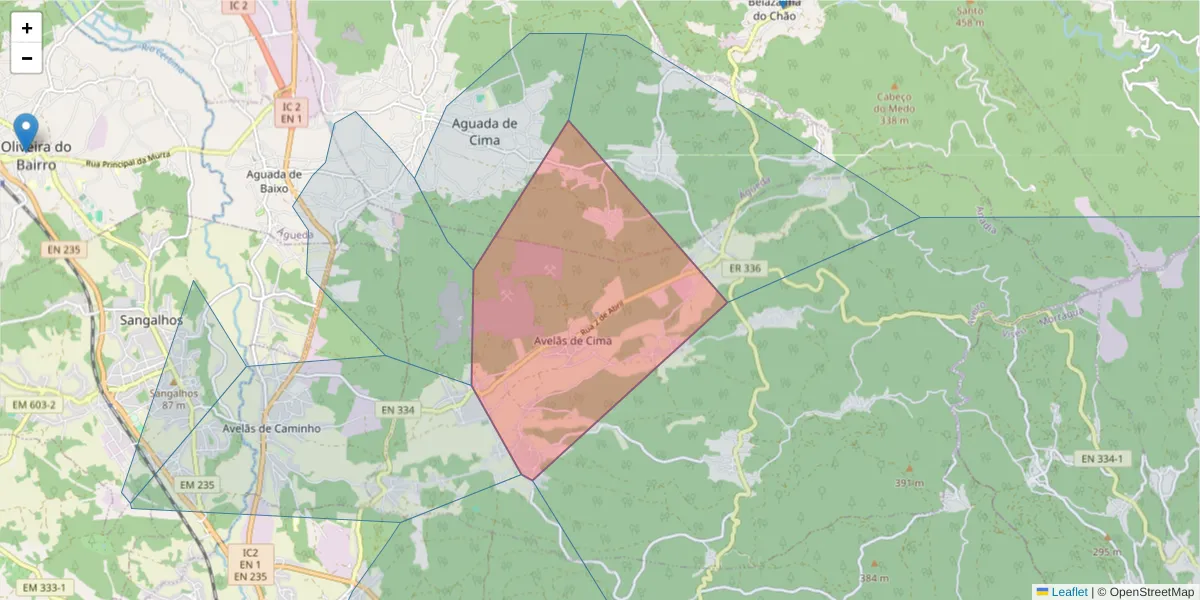 Mapa detalhado do código postal 3750-042 com limites, códigos postais vizinhos e agências dos correios