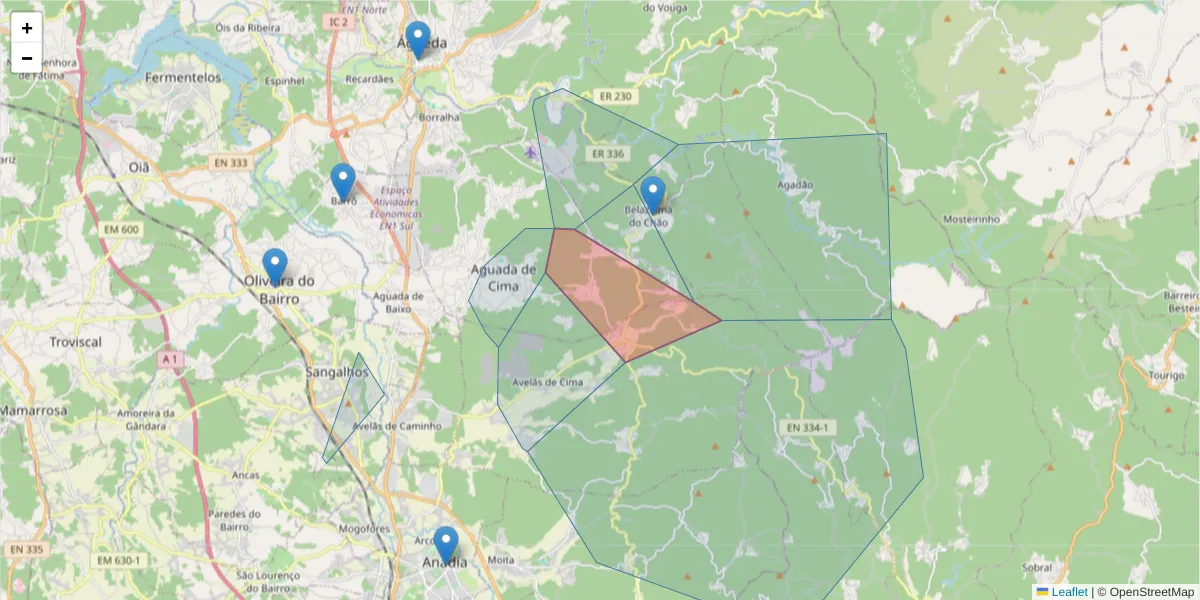 Mapa detalhado do código postal 3750-044 com limites, códigos postais vizinhos e agências dos correios