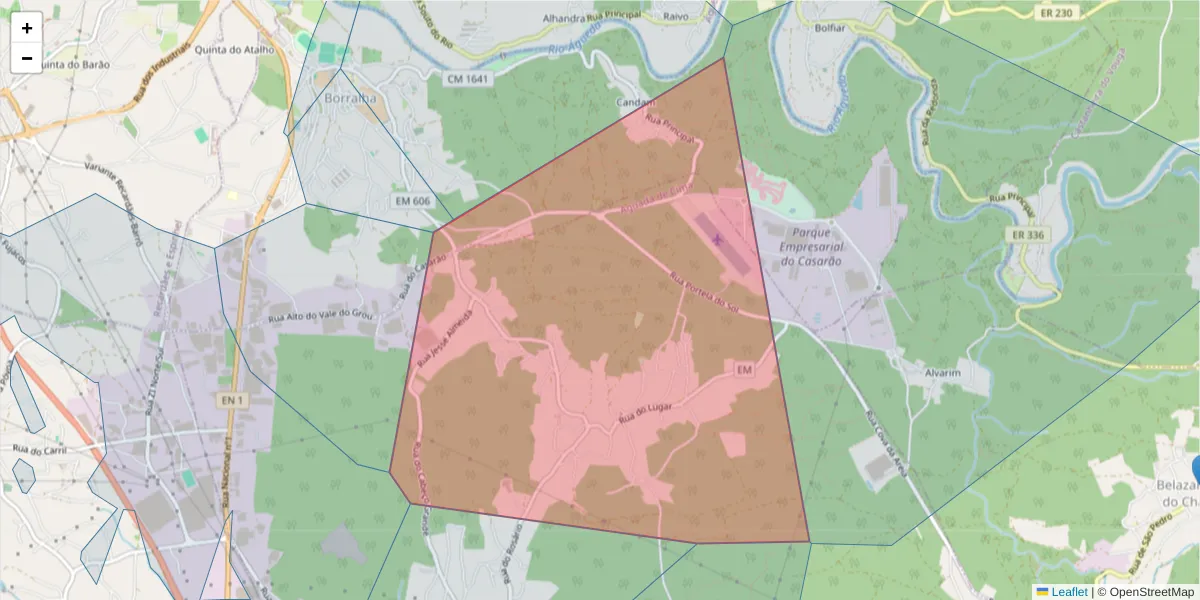 Mapa detalhado do código postal 3750-048 com limites, códigos postais vizinhos e agências dos correios