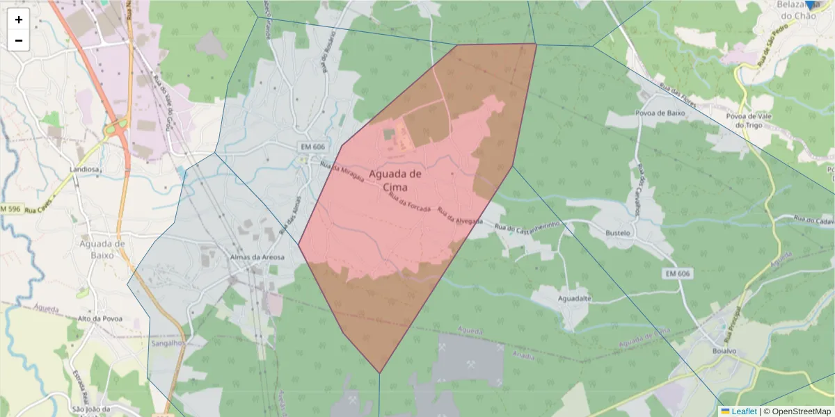 Mapa detalhado do código postal 3750-055 com limites, códigos postais vizinhos e agências dos correios