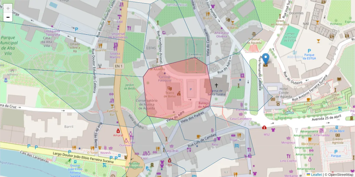 Mapa detalhado do código postal 3750-107 com limites, códigos postais vizinhos e agências dos correios