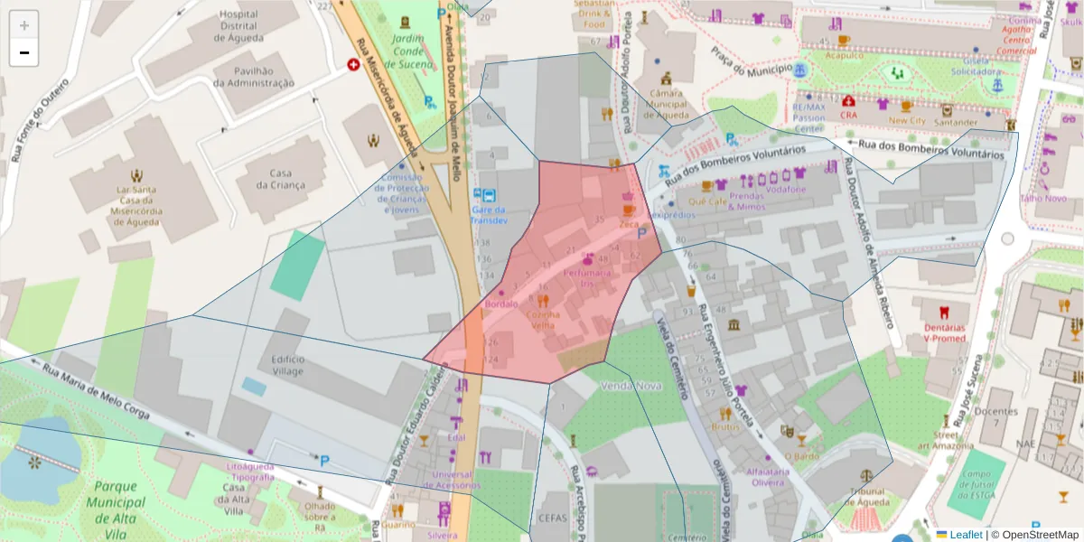 Mapa detalhado do código postal 3750-124 com limites, códigos postais vizinhos e agências dos correios