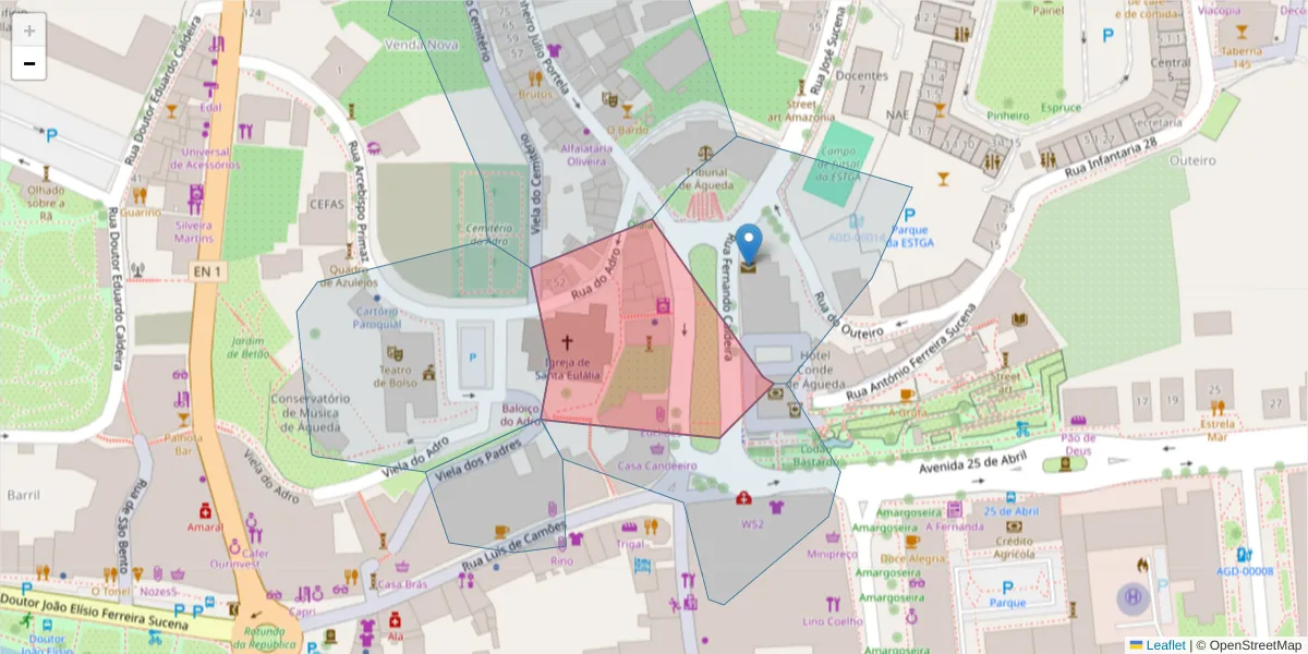 Mapa detalhado do código postal 3750-147 com limites, códigos postais vizinhos e agências dos correios