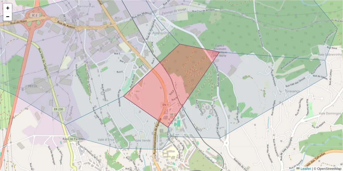 Mapa detalhado do código postal 3750-154 com limites, códigos postais vizinhos e agências dos correios