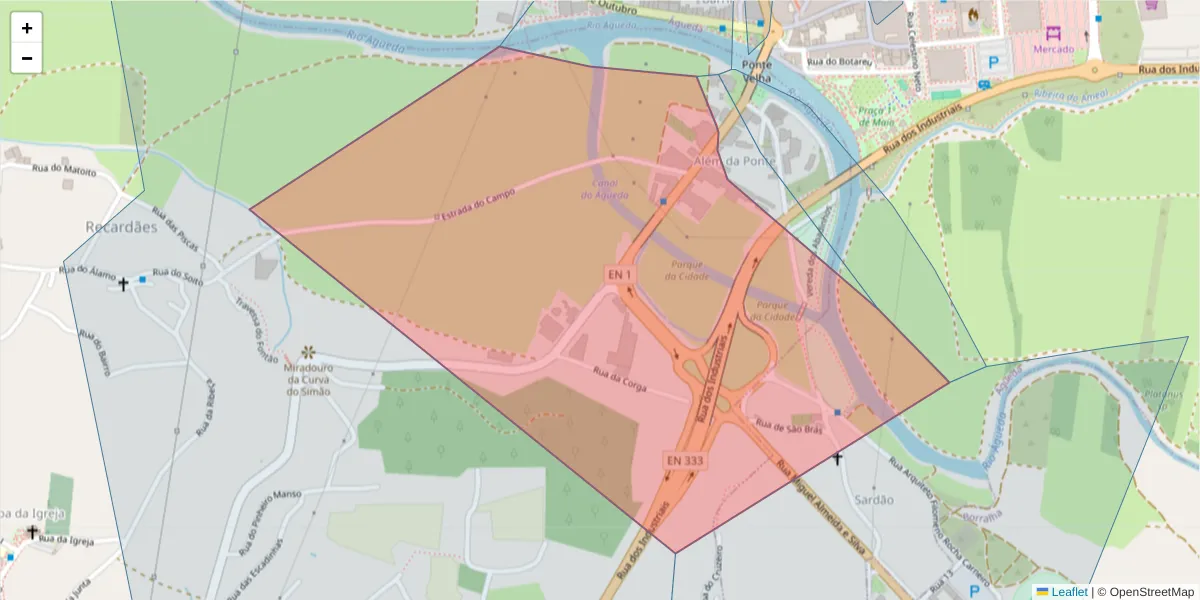Mapa detalhado do código postal 3750-177 com limites, códigos postais vizinhos e agências dos correios