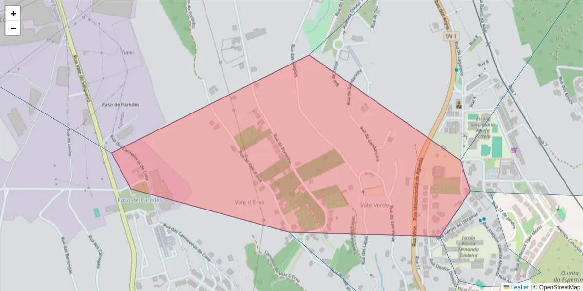 Mapa detalhado do código postal 3750-305 com limites, códigos postais vizinhos e agências dos correios