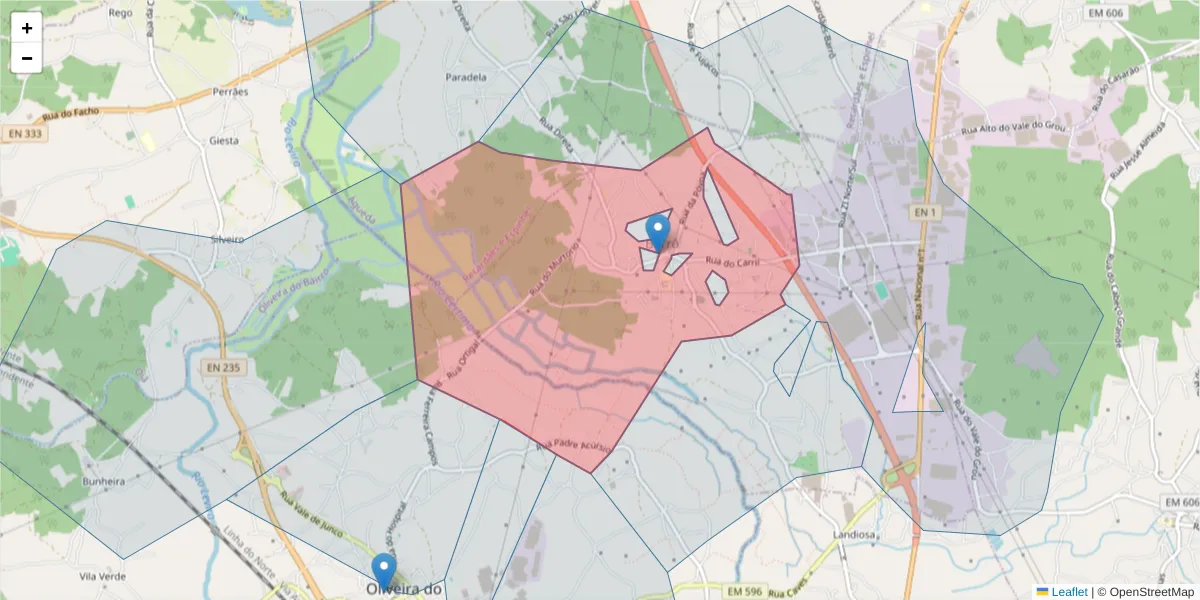Mapa detalhado do código postal 3750-351 com limites, códigos postais vizinhos e agências dos correios