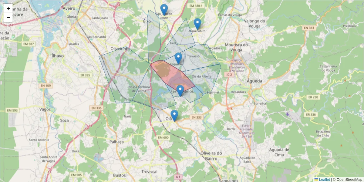 Mapa detalhado do código postal 3750-455 com limites, códigos postais vizinhos e agências dos correios