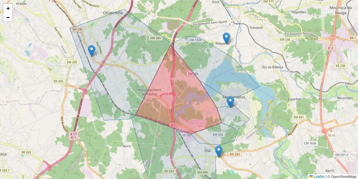 Mapa detalhado do código postal 3750-463 com limites, códigos postais vizinhos e agências dos correios