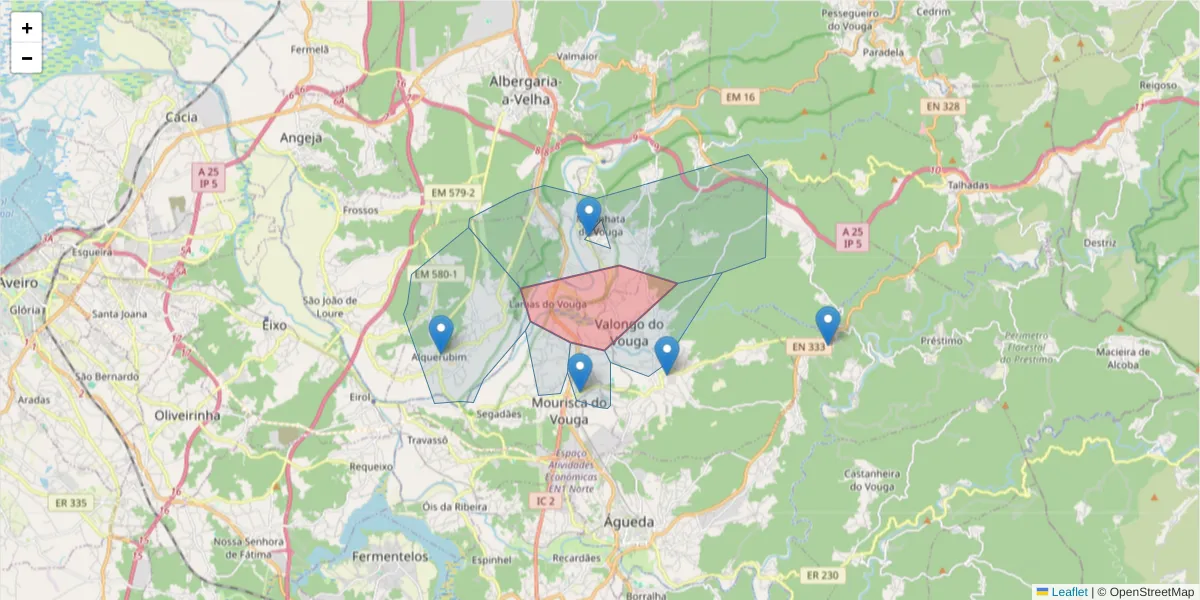 Mapa detalhado do código postal 3750-583 com limites, códigos postais vizinhos e agências dos correios