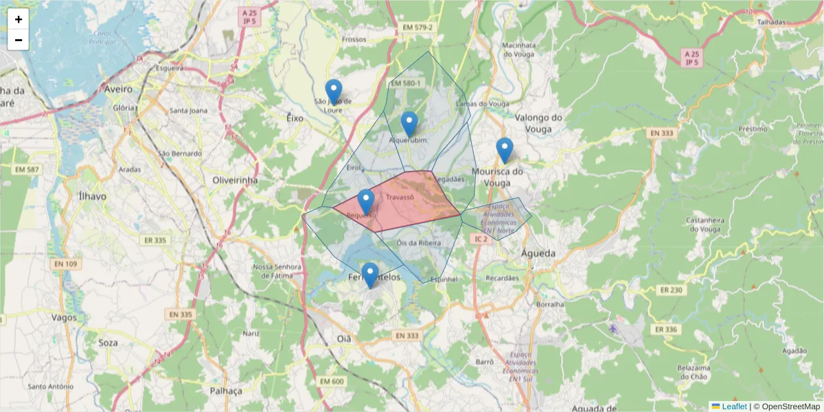 Mapa detalhado do código postal 3750-755 com limites, códigos postais vizinhos e agências dos correios