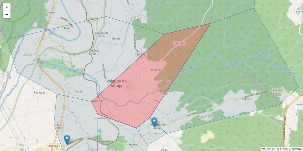 Mapa detalhado do código postal 3750-803 com limites, códigos postais vizinhos e agências dos correios