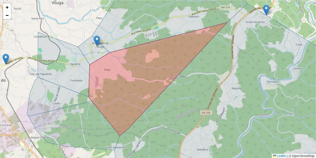 Mapa detalhado do código postal 3750-837 com limites, códigos postais vizinhos e agências dos correios