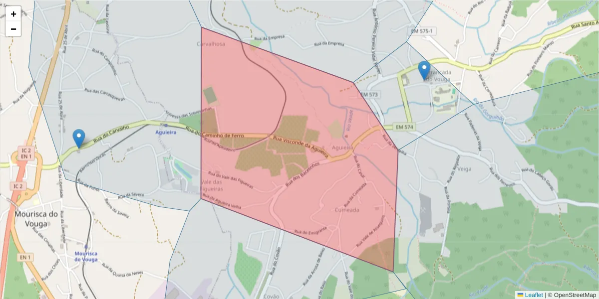 Mapa detalhado do código postal 3750-879 com limites, códigos postais vizinhos e agências dos correios