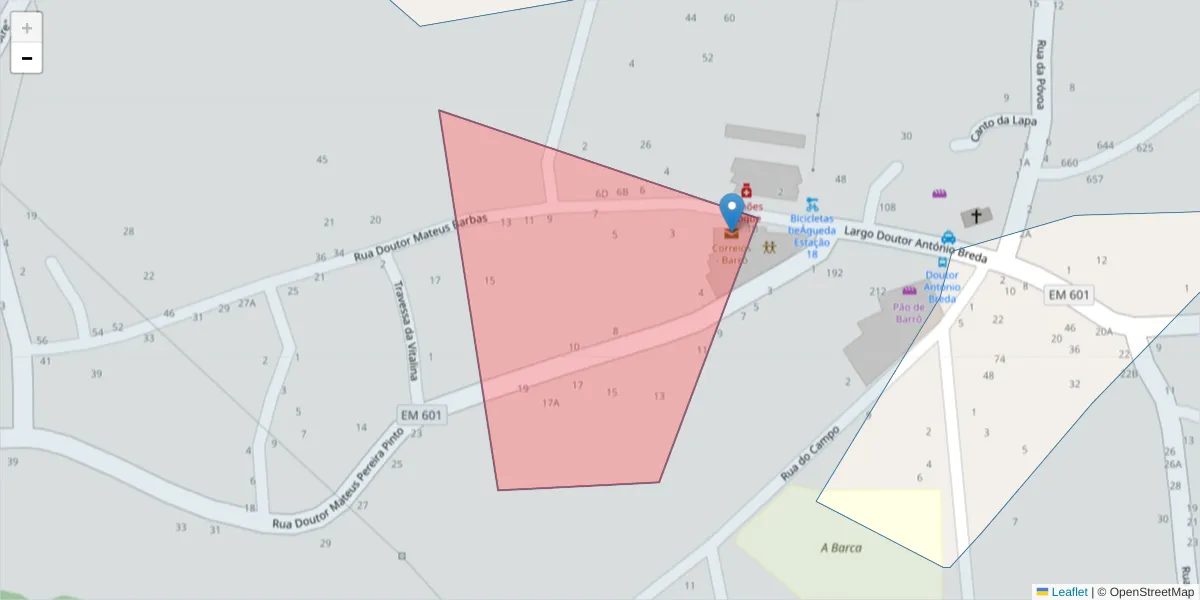 Mapa detalhado do código postal 3750-990 com limites, códigos postais vizinhos e agências dos correios