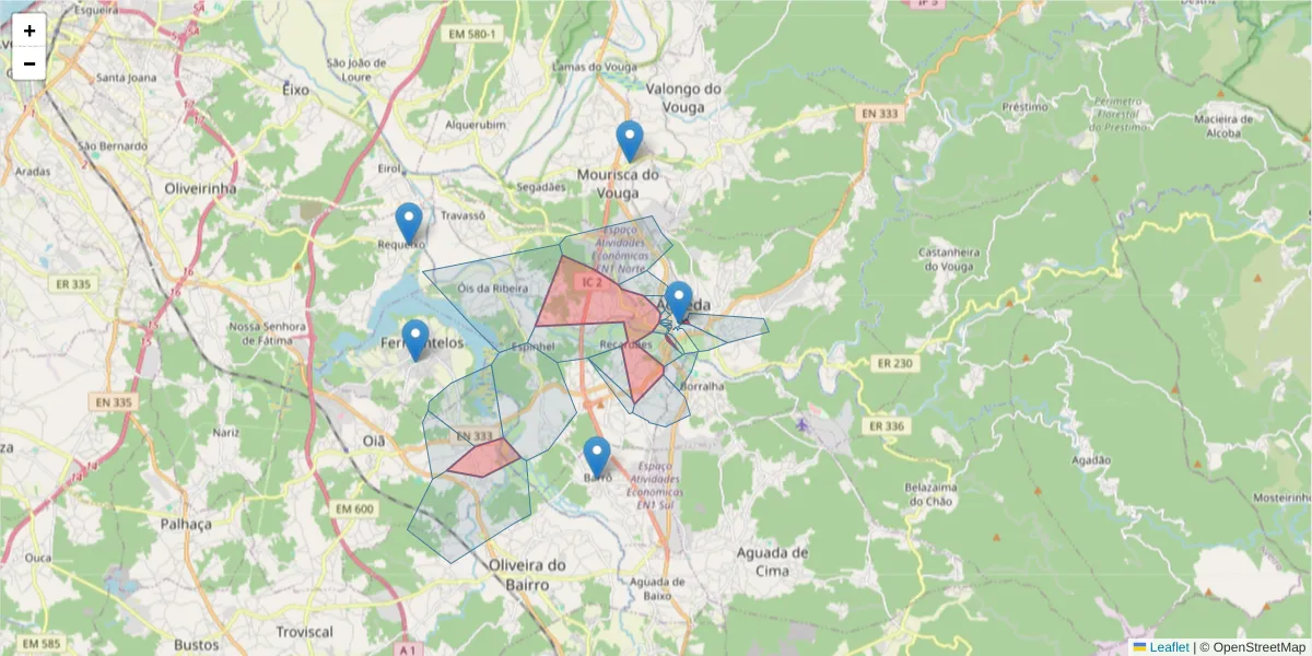 Mapa detalhado do código postal 3750 com limites, códigos postais vizinhos e agências dos correios