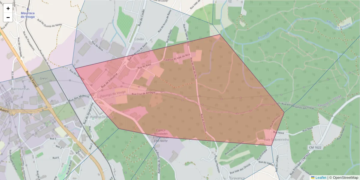 Mapa detalhado do código postal 3754-909 com limites, códigos postais vizinhos e agências dos correios