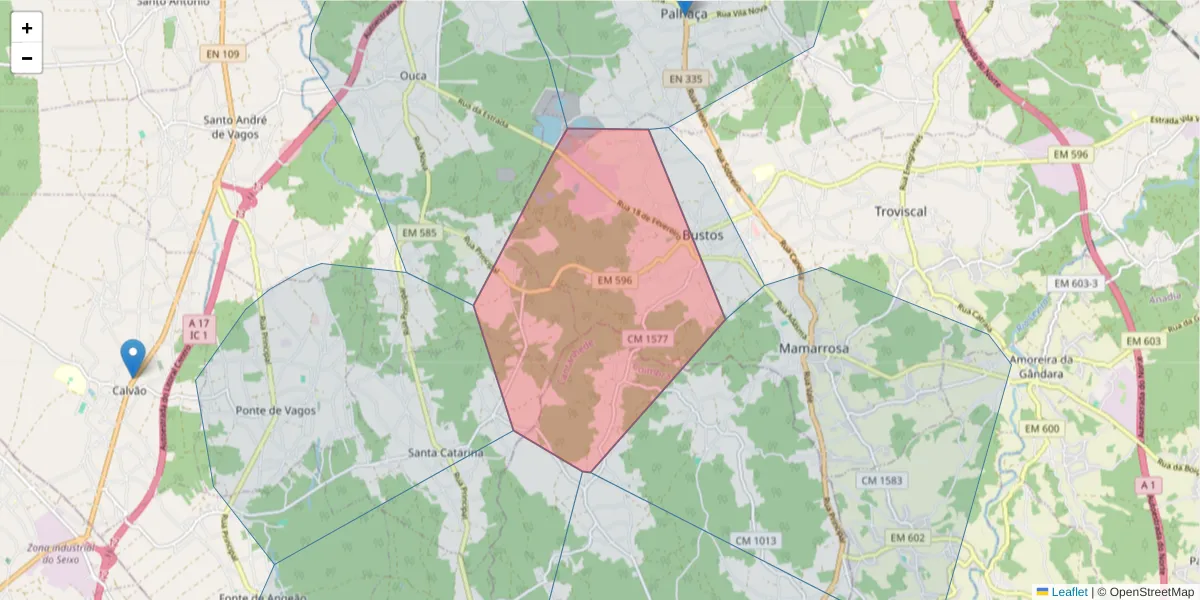 Mapa detalhado do código postal 3770-015 com limites, códigos postais vizinhos e agências dos correios