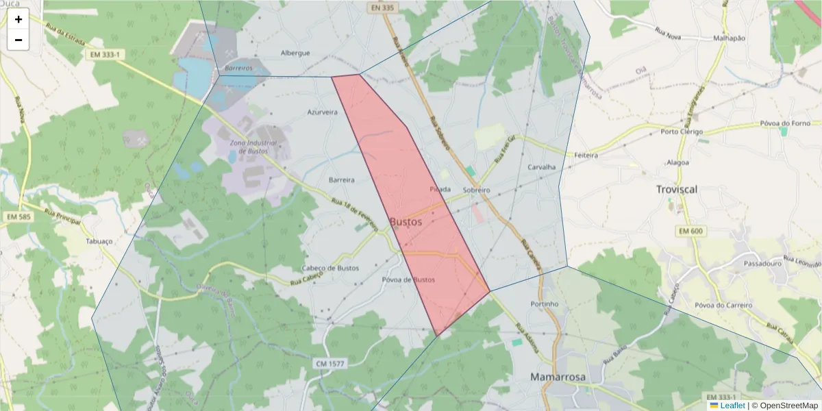 Mapa detalhado do código postal 3770-018 com limites, códigos postais vizinhos e agências dos correios
