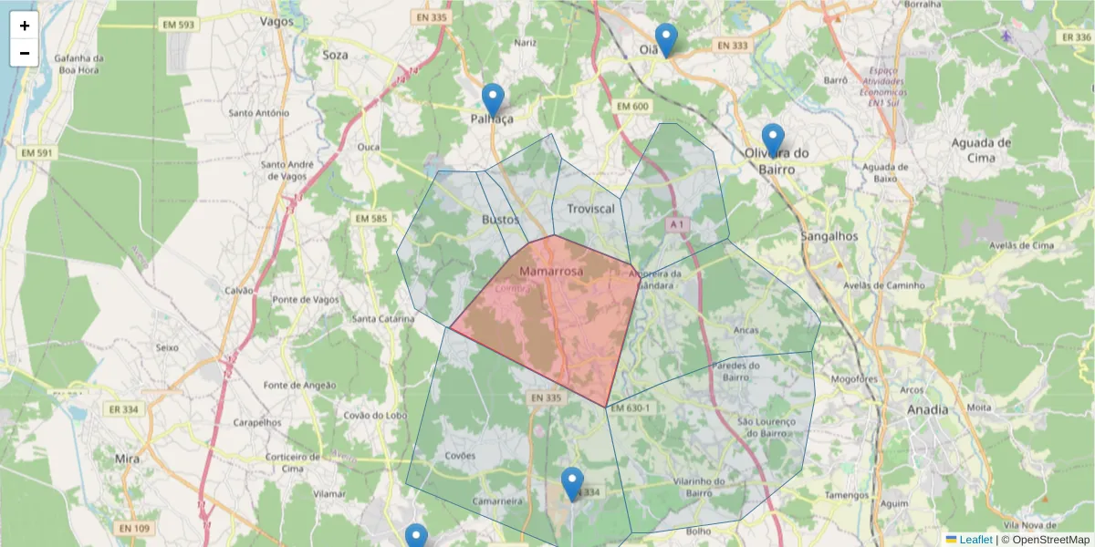 Mapa detalhado do código postal 3770-033 com limites, códigos postais vizinhos e agências dos correios
