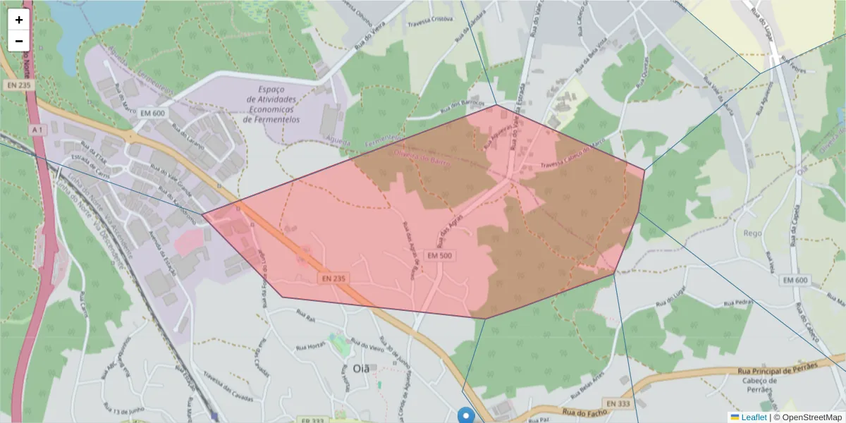 Mapa detalhado do código postal 3770-051 com limites, códigos postais vizinhos e agências dos correios