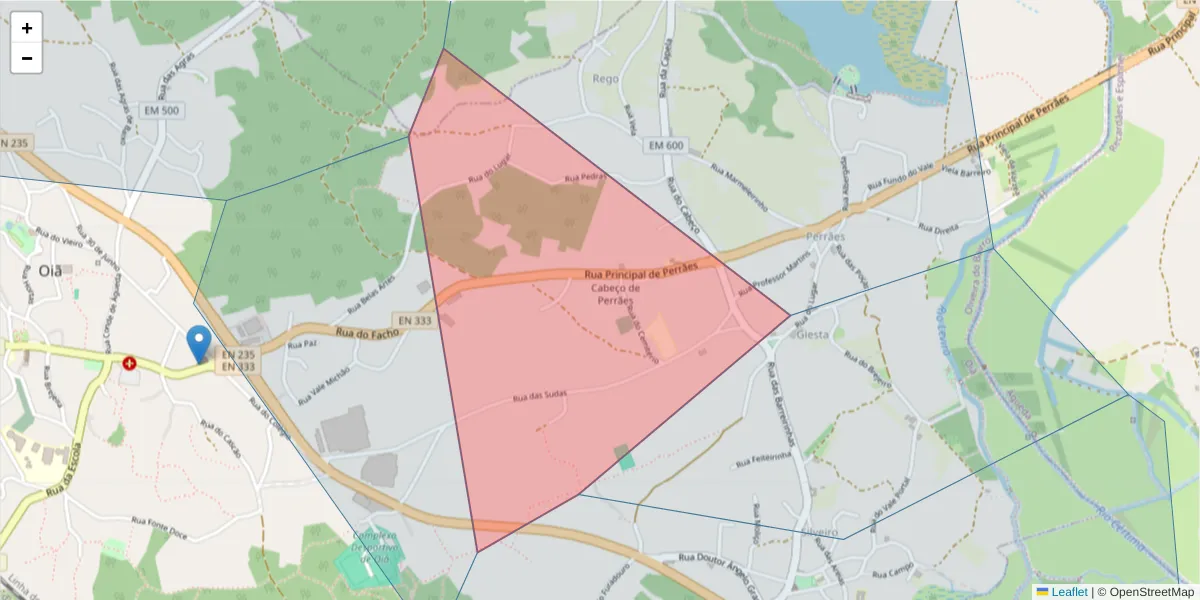 Mapa detalhado do código postal 3770-053 com limites, códigos postais vizinhos e agências dos correios