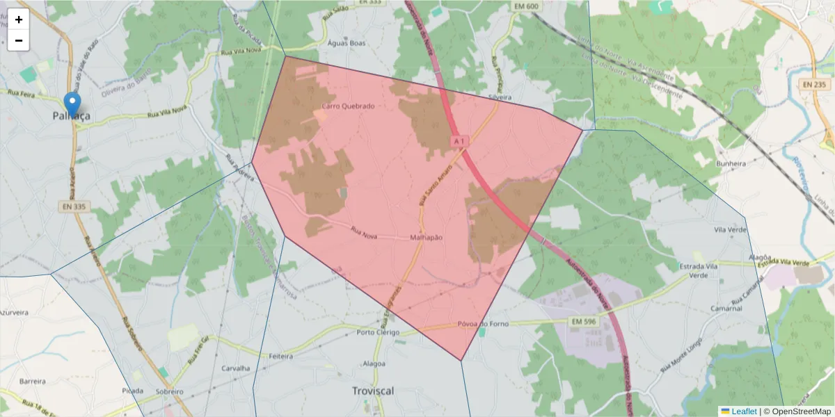 Mapa detalhado do código postal 3770-058 com limites, códigos postais vizinhos e agências dos correios