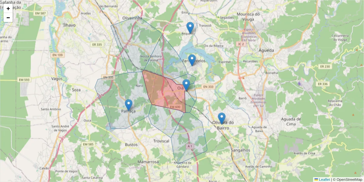 Mapa detalhado do código postal 3770-059 com limites, códigos postais vizinhos e agências dos correios