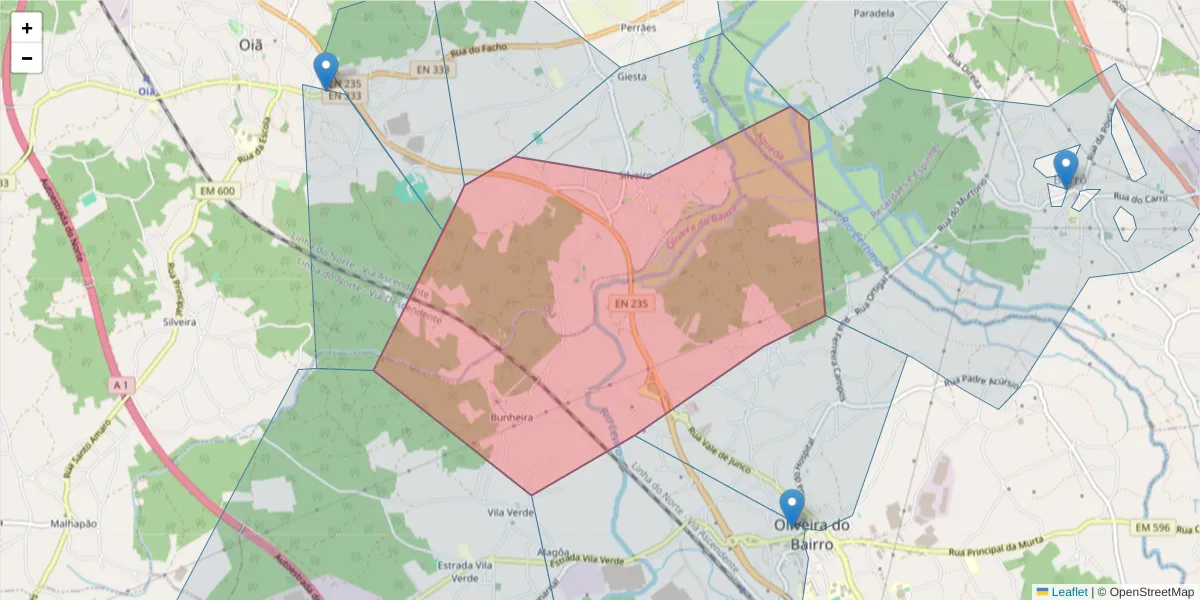Mapa detalhado do código postal 3770-066 com limites, códigos postais vizinhos e agências dos correios