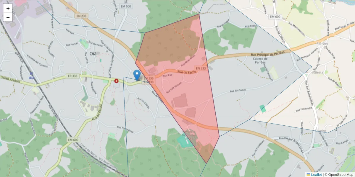Mapa detalhado do código postal 3770-220 com limites, códigos postais vizinhos e agências dos correios