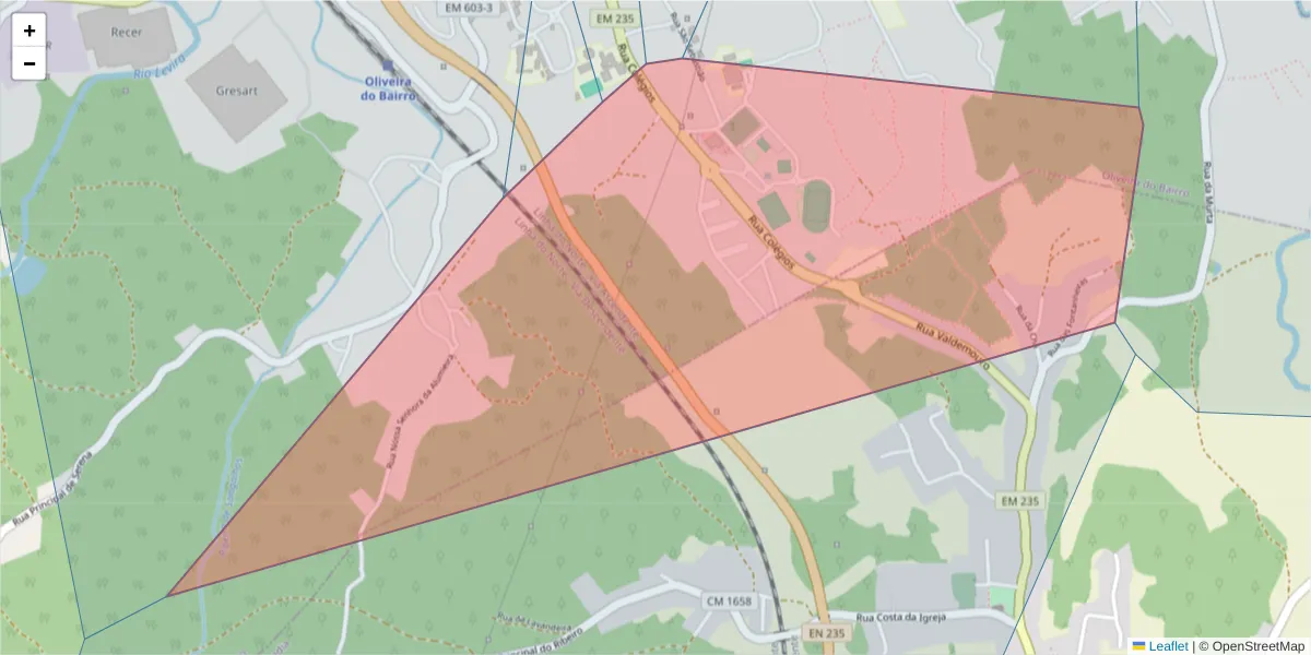 Mapa detalhado do código postal 3770-221 com limites, códigos postais vizinhos e agências dos correios