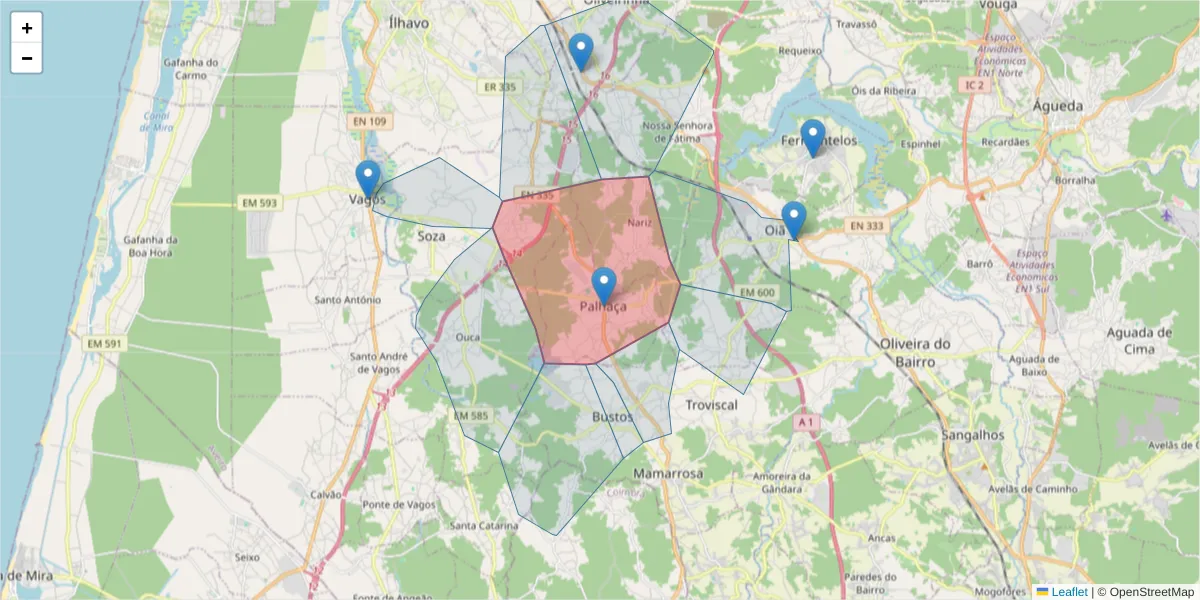 Mapa detalhado do código postal 3770-355 com limites, códigos postais vizinhos e agências dos correios
