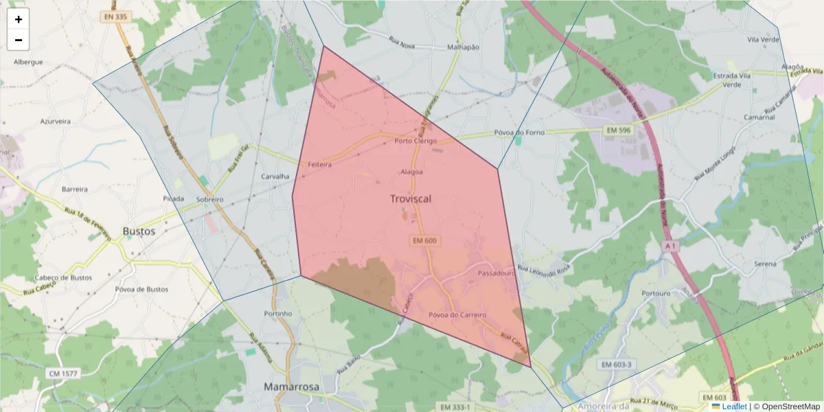 Mapa detalhado do código postal 3770-410 com limites, códigos postais vizinhos e agências dos correios