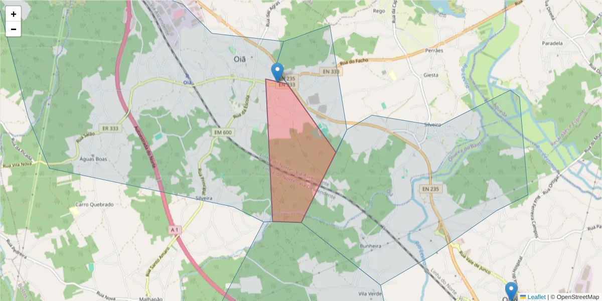 Mapa detalhado do código postal 3770-998 com limites, códigos postais vizinhos e agências dos correios