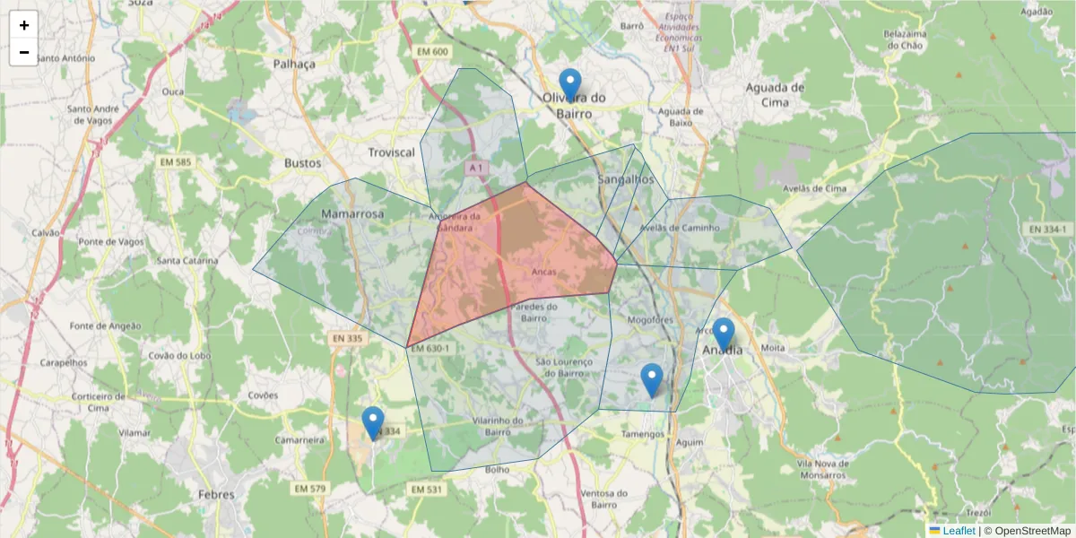 Mapa detalhado do código postal 3780-051 com limites, códigos postais vizinhos e agências dos correios