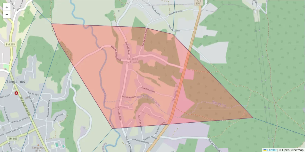 Mapa detalhado do código postal 3780-140 com limites, códigos postais vizinhos e agências dos correios