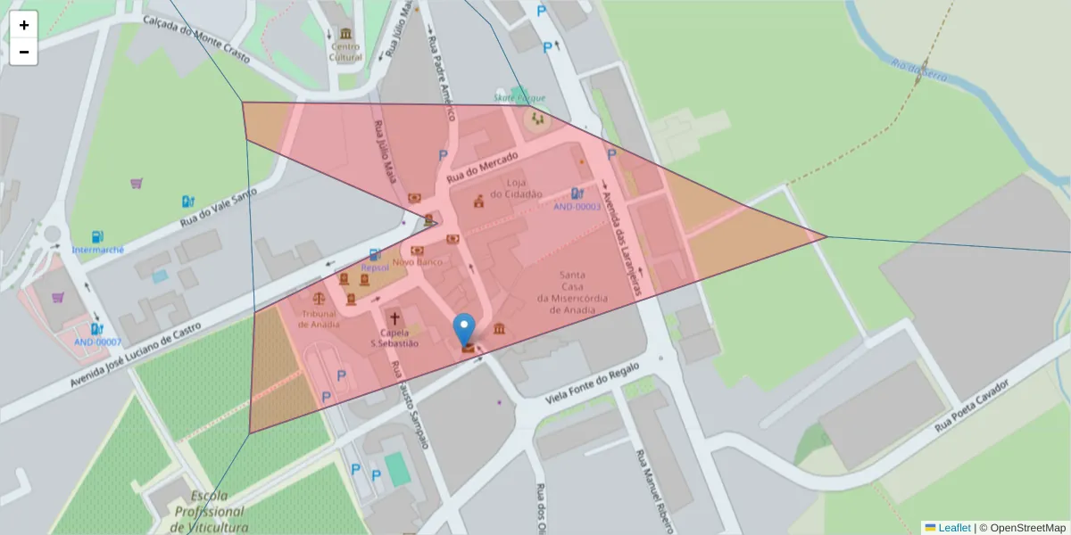 Mapa detalhado do código postal 3780-215 com limites, códigos postais vizinhos e agências dos correios